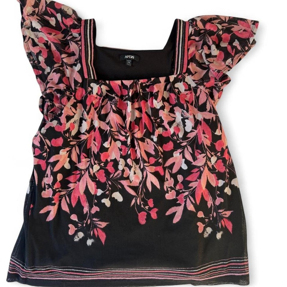 Apt. 9 Petite Floral Flutter Sleeve Blouse Black Pink Square Neck PXL Apt 9